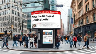 A modern street corner with a digital billboard displaying hyperlocal news headlines, surrounded by bustling activity and diverse pedestrians, illustrating the concept of neighborhood-focused news delivery.