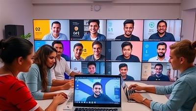 A virtual coding workspace with a diverse group of beginners learning to code together on screen, supported by mentors and engaging in collaborative coding projects, illustrating the inclusive and supportive learning environment of CodeNest Launchpad.