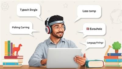 An engaging visual representation of an AI tutor interacting with a language learner through a virtual lesson, with speech bubbles displaying conversations in different languages, books and cultural symbols in the background, illustrating a dynamic and immersive language learning environment.