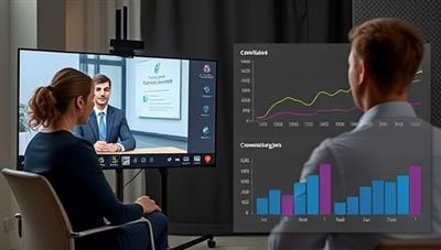 An engaging video interview setup with a professional coach providing feedback to a candidate after a simulated interview, with real-time analysis graphs displaying communication strengths and areas for improvement, creating an interactive and educational environment for skill enhancement.