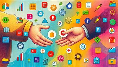 An artistic representation of two individuals exchanging virtual skill tokens, surrounded by a variety of icons symbolizing different areas of expertise and learning, creating a colorful and dynamic visual metaphor for skill exchange.