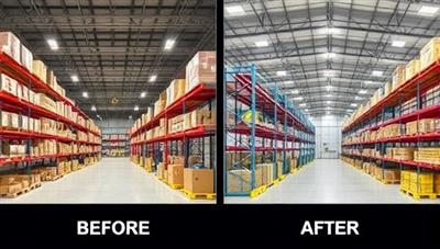 A before-and-after visual representation of a warehouse space, with the initial layout showing inefficiencies and clutter, contrasted with the optimized layout featuring streamlined storage systems, clear aisles, and maximized storage capacity, demonstrating the transformative impact of SpaceWise Solutions on warehouse organization.
