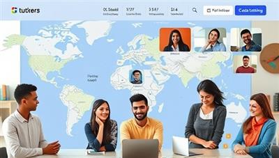 An online marketplace interface showing a diverse group of tutors and students connecting for virtual tutoring sessions, highlighting the platform's global reach and personalized learning experiences.