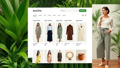 A chic and sustainable fashion rental platform interface displaying a range of stylish outfits, accessories, and statement pieces available for rent, set against a backdrop of lush greenery and eco-friendly fashion imagery, embodying the elegance and eco-conscious ethos of EcoChic Wardrobe Rental.