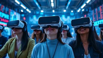 An image showcasing a group of people wearing VR headsets, immersed in a futuristic virtual world, with digital communication interfaces surrounding them, highlighting the immersive and advanced nature of the TeleportVR experience.
