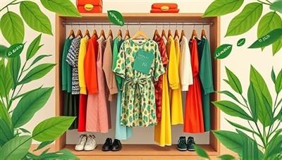 An artistic representation of a virtual wardrobe filled with colorful, sustainable fashion items, surrounded by green leaves and eco-friendly symbols, conveying a message of conscious consumerism and style.