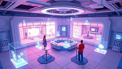 A futuristic digital illustration of users exploring virtual event venues and customizing event layouts in a 3D virtual space, with holographic event elements and interactive tools floating around them, creating a dynamic and engaging event planning experience.