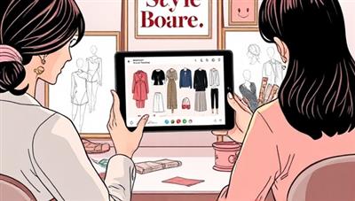 An elegant digital illustration of a virtual styling session, with a stylist presenting a personalized style board and outfit suggestions on a tablet screen to a client, surrounded by fashion sketches and fabric swatches, creating a chic and collaborative styling experience with StyleSphere.