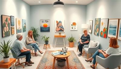 A serene art therapy studio with calming colors, comfortable seating, art supplies, and inspirational artwork adorning the walls, surrounded by participants engaged in therapeutic art-making, expressing their emotions and creativity in a safe and nurturing environment, evoking a sense of personal healing and self-discovery.