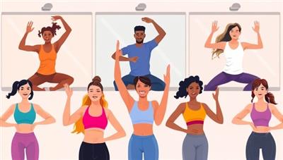 A vibrant digital illustration of diverse individuals participating in virtual fitness classes, each performing a different exercise, showcasing inclusivity and energy.