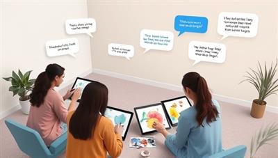 An artistic representation of a virtual art therapy session with participants engaging in creative activities like painting and drawing on digital tablets, accompanied by soothing music and virtual chat bubbles expressing emotional support and encouragement, creating a therapeutic and relaxing atmosphere.