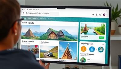 An online platform interface featuring a user searching for sustainable travel options, with eco-friendly accommodation listings, carbon-neutral transportation choices, and responsible tour packages displayed on the screen, highlighting the convenience and eco-conscious focus of the booking platform.