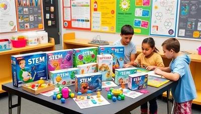 An assortment of colorful STEM education kits displayed on a table with children enthusiastically engaging with the activities, surrounded by playful learning tools and a backdrop of science-themed posters, conveying a vibrant and educational atmosphere.