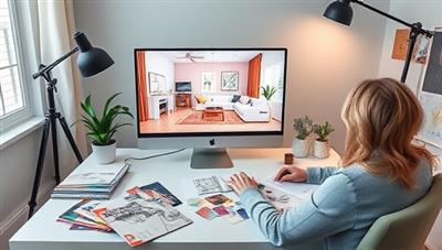 A digital design studio setup with a designer creating a virtual room concept on a screen, surrounded by fabric swatches, paint samples, and design magazines, embodying creativity and innovation in virtual interior design consultancy.