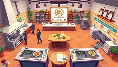 A culinary-themed digital illustration featuring a virtual kitchen arena with multiple cooking stations, ingredients, and cooking utensils, where participants are engaged in a friendly cooking competition, showcasing their culinary skills and creativity in a dynamic and immersive online cooking challenge at Chef's Quest Online.