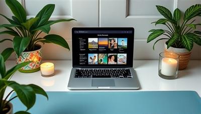 A serene digital workspace with a laptop displaying wellness resources, surrounded by green plants, relaxing candles, and a yoga mat, creating a calming and motivational atmosphere for virtual coaching sessions.