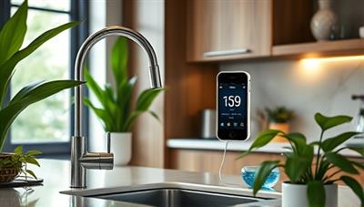An elegant home kitchen scene with a sleek IoT water monitor attached to the faucet, displaying real-time water usage data on a digital screen, surrounded by lush green plants to signify sustainability and modern living.