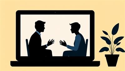 An illustration showing two silhouettes engaging in a virtual mediation session on a screen, with a mediator guiding the conversation, symbolizing conflict resolution and communication in a digital environment.