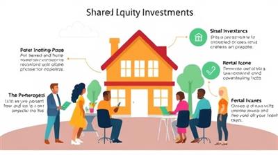 An engaging infographic illustrating the concept of shared equity investment, with a diverse group of investors pooling resources to purchase a property and sharing in the rental income and appreciation, symbolizing the collaborative and inclusive nature of EquiShare Properties' platform.