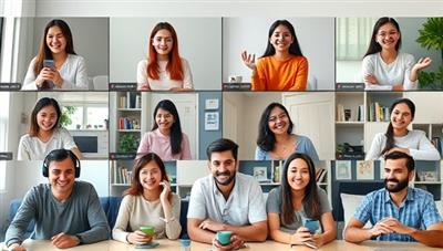 A diverse group of language learners engaging in a virtual study session, with participants from different cultural backgrounds interacting through video calls, language exercises, and digital flashcards, creating a vibrant and inclusive learning atmosphere.
