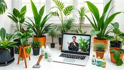 A digital plant care studio showcasing a variety of lush indoor plants, tools, and care products arranged in a well-lit space, with a virtual plant care consultation in progress on a laptop screen, exuding a botanical oasis vibe and expert plant care guidance.
