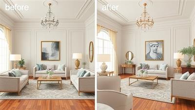 An elegant virtual room transformation showcasing a before-and-after design rendering, featuring stylish furniture arrangements, color schemes, and decor elements, highlighting the impact of professional virtual interior design services.