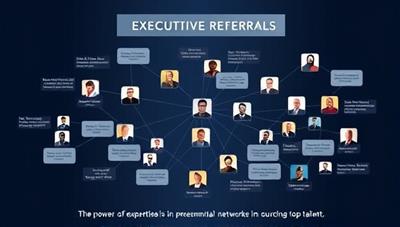 A sophisticated graphic illustrating a network map of executive referrals and connections, with key industry leaders and executives linked in a seamless web of recommendations, symbolizing trust and expertise in executive recruitment, with a tagline highlighting the power of professional networks in sourcing top talent.