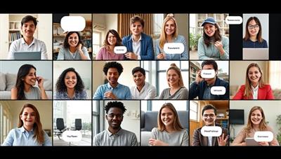 A split-screen image showing a diverse group of people engaged in virtual language exchange sessions, with speech bubbles representing different languages being spoken, symbolizing global communication and connection.