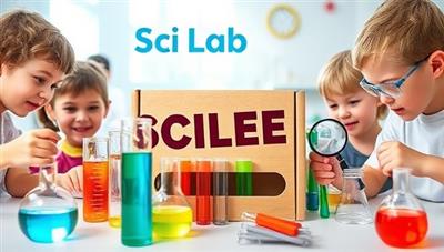 An exciting visual representation of a science experiment kit with colorful test tubes, lab equipment, and a magnifying glass, surrounded by curious kids conducting experiments, capturing the essence of hands-on learning and exploration offered by SciLab Crate.
