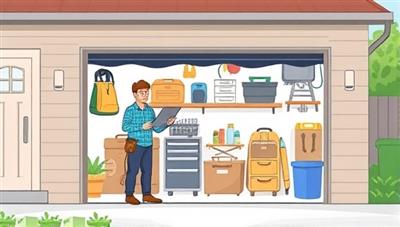 An illustration depicting a homeowner welcoming a renter to their garage storage space, showing the ease and friendliness of the peer-to-peer storage sharing experience, with items being stored neatly in the background.