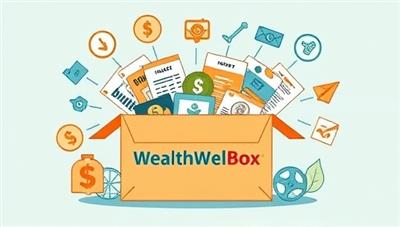 A visually appealing box filled with financial tools and resources, surrounded by icons representing budgeting, investing, and financial literacy, creating an enticing and educational image for WealthWellBox.