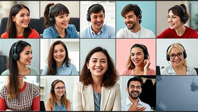 A diverse group of individuals participating in a virtual language learning pod session, each with a headset on, engaging in lively conversations in different languages, creating a vibrant and inclusive learning environment.