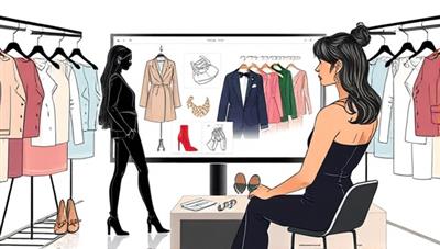 A stylish digital illustration of a virtual fashion styling session, featuring a stylist presenting clothing options and accessories on a screen to a client, surrounded by fashion sketches, fabric swatches, and trendy outfit combinations, exuding glamour and sophistication in the virtual styling experience.