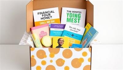 An image of a beautifully designed subscription box filled with financial books, budgeting tools, inspirational quotes, and colorful infographics, evoking a sense of excitement and empowerment towards financial well-being.