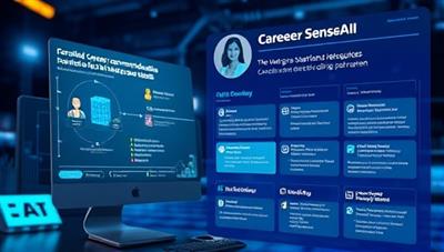 An engaging visual of a user interacting with the CareerSenseAI platform, receiving personalized career recommendations and skill-building resources, with AI algorithms and career pathways displayed in a futuristic and informative manner, symbolizing the guidance and insights provided by CareerSenseAI.