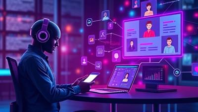 An innovative digital illustration showcasing the seamless integration of AI algorithms in candidate sourcing, with virtual assistants matching candidates and jobs in real-time, illustrating the speed and accuracy of AI-powered recruitment solutions.