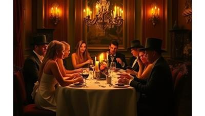 An intriguing image of elegantly dressed guests seated at a dining table adorned with candles and mysterious props, engrossed in solving clues and interacting with costumed characters in a suspenseful murder mystery setting, capturing the essence of the immersive experience.