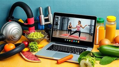 A vibrant and dynamic collage of fitness equipment, healthy food items, and a laptop displaying a virtual workout session, symbolizing a holistic approach to fitness coaching in a digital environment.