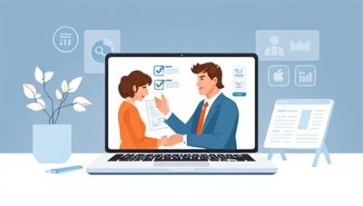 A professional virtual career coaching session illustration, featuring a career coach providing guidance and advice to a professional on a laptop screen, with career development resources and job search tools displayed in the background, creating a focused and supportive environment for career advancement.