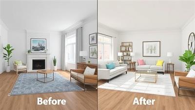 A virtual room visualization with before-and-after images of a living space, showcasing the transformative power of virtual interior design consultations, with a focus on color schemes, furniture placement, and decor accents.