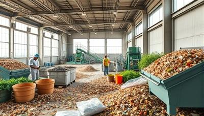 An image depicting the transformation of agricultural waste into compost and biofuels in a modern upcycling facility, with workers sorting and processing organic materials into eco-friendly products, showcasing the sustainability and innovation in waste management.