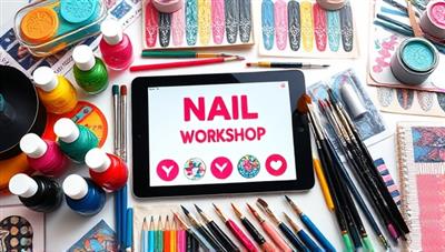 An artistic table setup with colorful nail polish bottles, intricate nail art brushes, and a digital tablet displaying a live virtual nail art workshop, surrounded by vibrant nail art designs and patterns, exuding creativity and inspiration for aspiring nail artists.