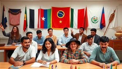 A virtual classroom setting with a diverse group of participants engaging in a language lesson, with cultural artifacts and flags in the background, creating a vibrant and interactive learning environment.