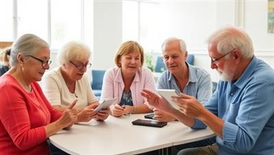 A group of seniors engaged in a hands-on tech workshop, learning to use tablets and smartphones with the guidance of tech trainers, showcasing the inclusive and supportive environment of TechMasters Seniors training center.