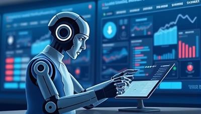 An illustration of a futuristic AI assistant interacting with a user on a digital device, analyzing financial data and providing personalized recommendations, conveying the cutting-edge technology and personalized service of WealthWiseAI.