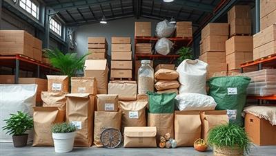 An assortment of biodegradable and recyclable packaging materials arranged in an eco-friendly warehouse setting, featuring earthy tones and natural elements to emphasize the sustainable and environmentally conscious approach of EcoPackHub.