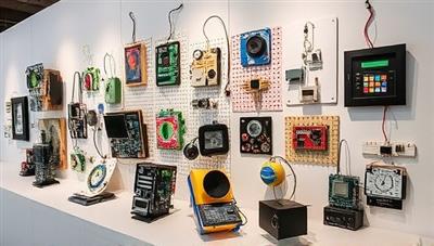 An artistic display of upcycled tech art pieces created from recycled electronic components, showcasing creativity and sustainability in tech design through EcoTech Renew.