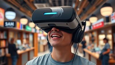 An immersive VR headset displaying a user exploring a virtual language marketplace, engaging in conversations with AI characters in different languages, illustrating the interactive and immersive nature of the language learning platform.