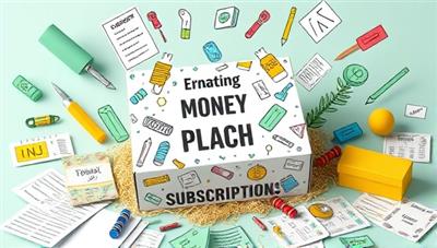 An enticing subscription box design featuring a sleek box with financial-themed illustrations, surrounded by money-saving tips and colorful finance tools, evoking a sense of excitement and empowerment.