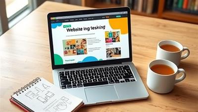 A laptop displaying a visually appealing website design lesson, with colorful graphics, a notepad with sketches, and a cup of tea, creating a cozy and creative learning environment.